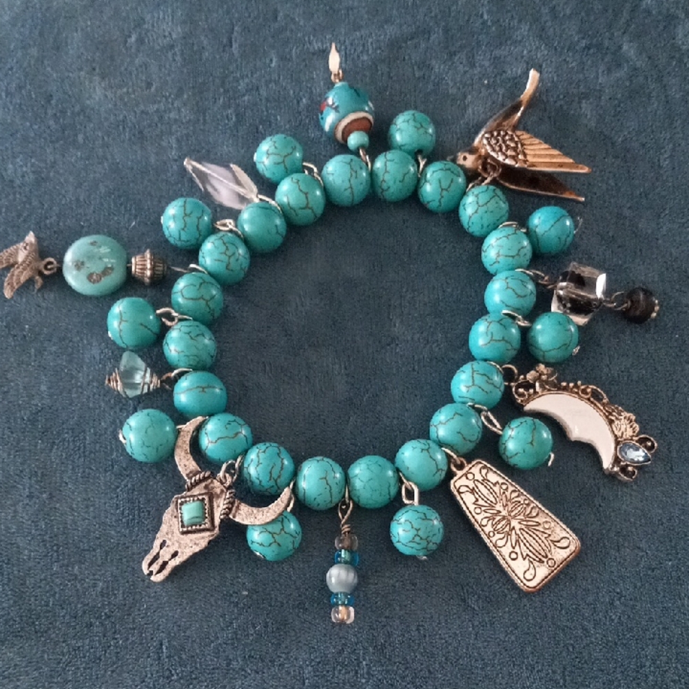 Turquoise Beaded Charm Bracelet with Silver Accents Southwestern Style.